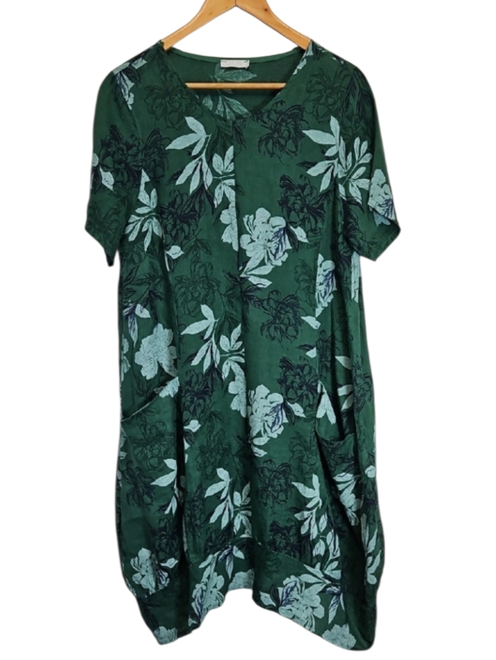 Made in Italy Green Floral Linen Dress, Size M/L